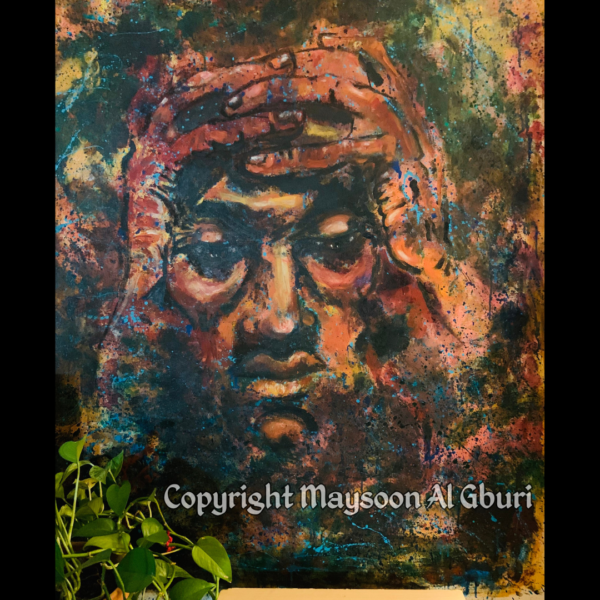 Multicolored acrylic painting of a man with his head in his hands.