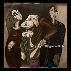 Painting in greyscale of a couple in the middle with parents of the bride behind in an expressionist and surrealist style.