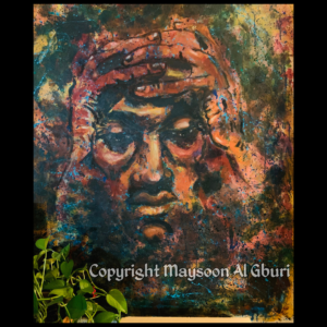 Painting of a man with his heads in his hands with swirling darker colors in the background representing his spiraling emotions