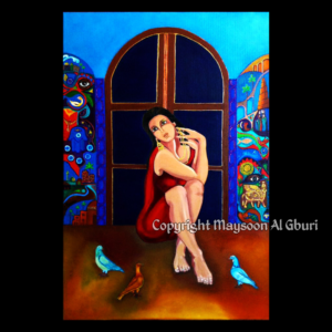 Painting of a woman in a red dress seated in front of a closed window with her legs crossed in front of her with three brightly colored birds at her feet.