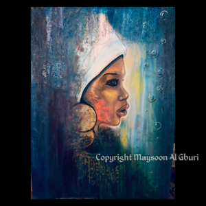 Painting of a side profile of a young African woman with traditional gold earrings and scarf covering her hair against a deep blue and yellow background.