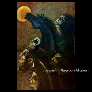 Painting of men and horses starting up at the Moon in the night sky in dark colors representing the direness of their situation.