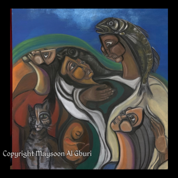 Painting of a family with woman with child and their cat against a blue sky in expressionist and surrealist techniques.