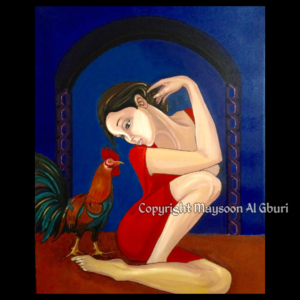 Painting of a dark haired woman in a red dress sitting in a sultry but demure post on the floor in front of a window with a rooster approaching her with curiosity.