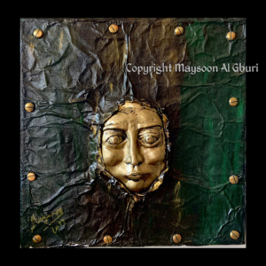 Mixed media artwork depicting a person's face in gold breaking through a dark surface with eyes and mouth shut.