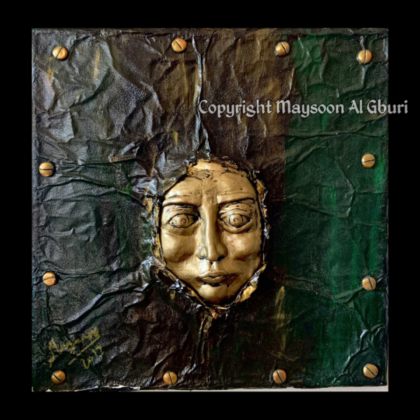 Mixed media artwork depicting a person's face in gold breaking through a dark surface with eyes and mouth shut.