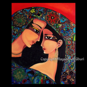 Painting of two women with colorful eye makeup forehead to forehead under a blanket to shroud their forbidden love for one another against a crimson background.