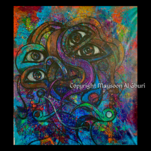 Abstract painting of faces tightly pressed together with deep swirling colors.