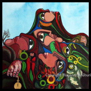 Painting of a group of people looking up toward the heavens from a pile on the ground with a hopeful blue sky above them.