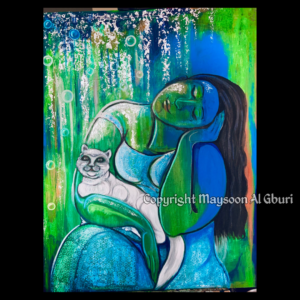 Painting of a woman seated with her head resting on one hand and the other hand holding a white cat. Her eyes are closed. Hues of greens and blues color the background and subject other than the cat.