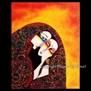 Painting of two women with colorful eye makeup forehead to cheek under a blanket to shroud their forbidden love for one another against an orange and red background.