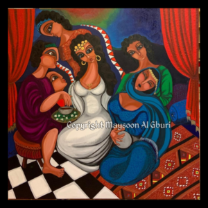 Painting of a group of women with a bride in the middle getting her henna done by her community ahead of her nuptials with vibrant colors and a checkerboard patterned floor.