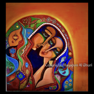 Painting of two women with colorful eye makeup forehead to cheek under a blanket to shroud their forbidden love for one another against an orange and red background.