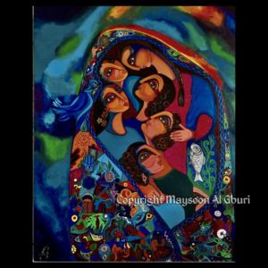 Painting of a woman with her arms around her loved ones as they flee from war with vibrant dark colors surrounding them.