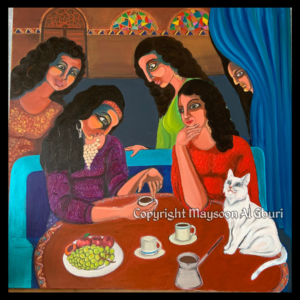 Painting of a group of women around a fortune teller reading her tea leaves with a white cat on the table.
