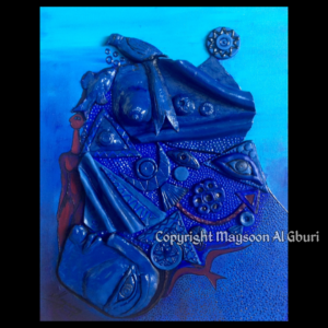 Mixed media sculpture of a bird returning home in blue
