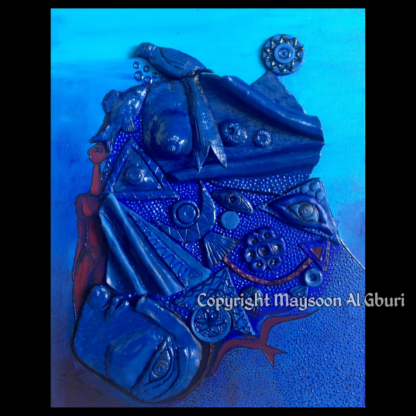 Mixed media sculpture of a bird returning home in blue