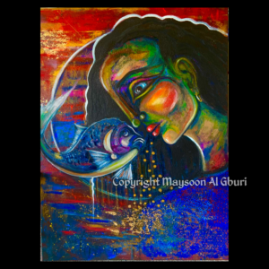 Painting of a woman closely face to face with a fish that is peeking out of the water with a dark crimson sky behind the pair.
