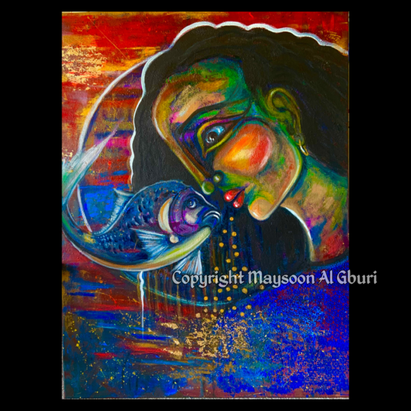 Painting of a woman closely face to face with a fish that is peeking out of the water with a dark crimson sky behind the pair.
