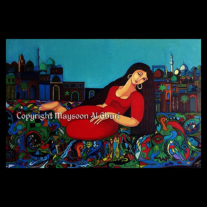 Painting of a woman in a red dress laying down on top of a swirling landscape of vibrant colors with the backdrop of a city behind her