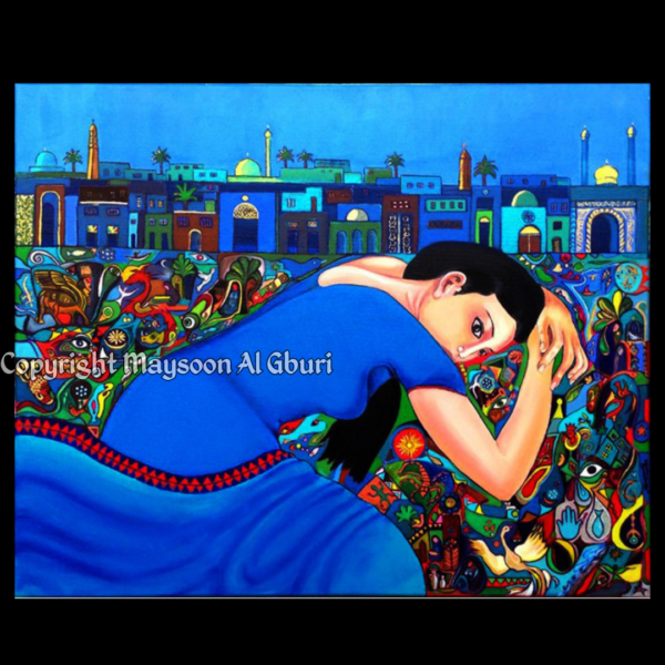 Painting of a dark haired woman in a blue dress drapped over the top of a multicolored landscape with a city skyline in the background behind her
