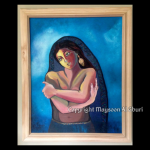Painting of a bust of a woman standing nude with her arms in front of her in shame against a deep blue background.
