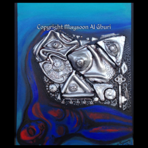 Painting of a nude woman in blue and red against a blue background holding mixed media in silver of parts of herself
