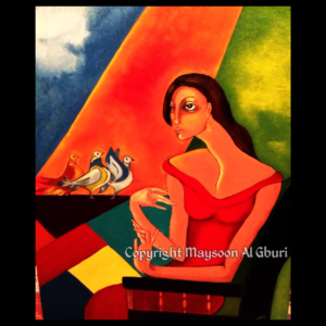 Painting of a dark haired woman sitting at a table looking bored with 3 birds sitting on the table next to her. The sky to the left is blue and hopeful but is split by a structure and is green and looming on the right side.