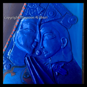 Mixed media sculpture in blue of two men with their foreheads close together in a moment alone.