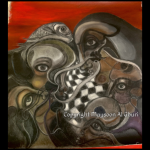 Abstract painting of faces huddled together with a threatening crimson sky behind them and chess board pattern appearing within the portraits