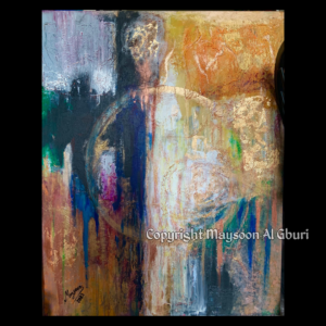 A large, mixed-media painting titled New Day measuring 93 inches by 50 inches. The artwork features deep blues and radiant golds that seem to radiate light, symbolizing the sun breaking through after darkness. Layers of textured paint create movement and depth, with earthy tones grounding the composition. Gold accents shimmer across the surface, offering a sense of hope and renewal. The abstract yet emotive design captures the balance between chaos and calm, inviting viewers to reflect on resilience and transformation.